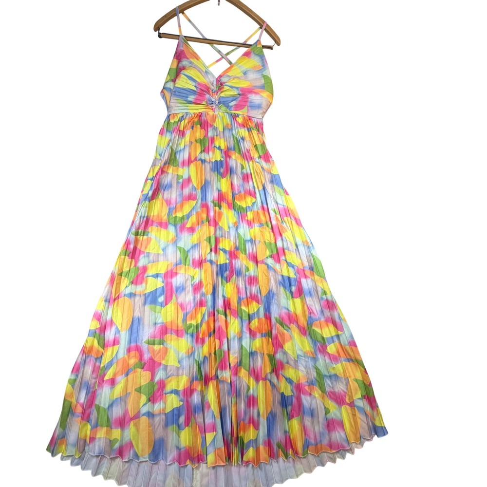 Vintage Rainbow Watercolor Pleated Maxi Dress Colorful Abstract Summer Boho S/M